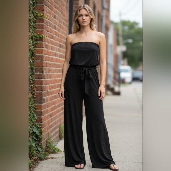 Zesica Pants - Women's Jumpsuit Lg Zesica Black Strapless Belted Elastic Waist Pockets Romper